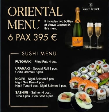 Menu sushi 6 pax incluye veuve clicquot