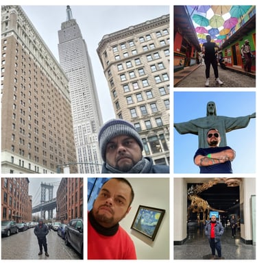 a collage of photos of a man with a statue of jesus on the top