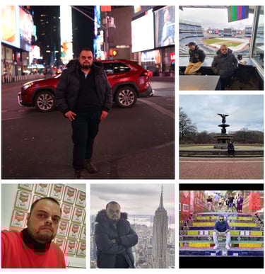 a man standing in front of a building with a red car