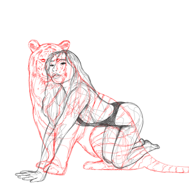 nuditat line art woman and tiger