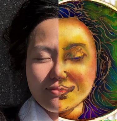 BATIK ARTIST SHUEN LI SPIRIT CREATED THIS BATIK PAINTING TO SHOW HER ORIGINAL PHOTO VS HER ARTWORK