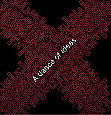"A dance of ideas" on a red and black background
