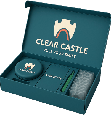 a blue box with a Clear Castle transparent dental aligners kit