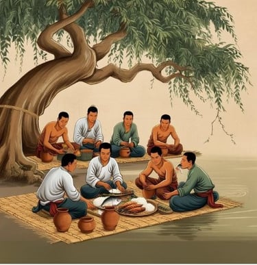 công nhân nghỉ ngơi ăn trưa khi xây dựng công trình kênh Vĩnh Tế