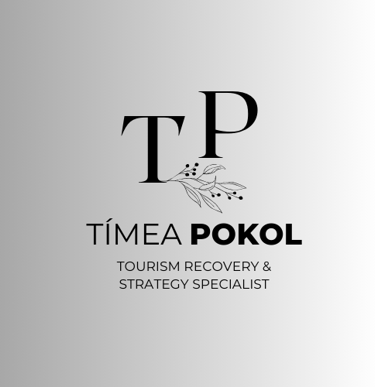 Tímea Pokol logo for Tourism Recovery and Strategy Specialist featuring TP monogram and botanical art.