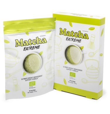 Matcha Extreme organic weight management tea supplement in 120g pouch and box packaging.