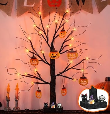 EAMBRITE 2-foot black Halloween tabletop tree with 24 LED orange lights and hanging pumpkins 