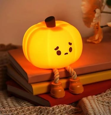 Pumpkin-shaped silicone LED night light, dimmable touch lamp for kids, bedside, and Halloween décor.