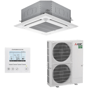 Mitsubishi Electric cassette air conditioner system with outdoor unit and digital wall controller.