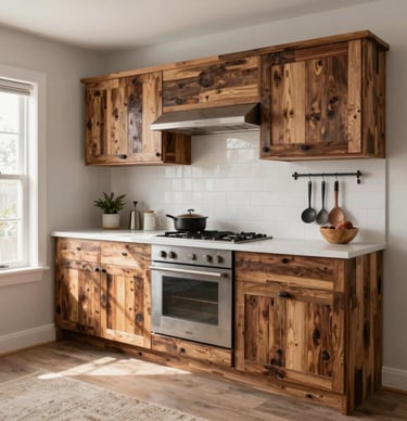 Handcrafted wooden decor items displayed on a rustic shelf.