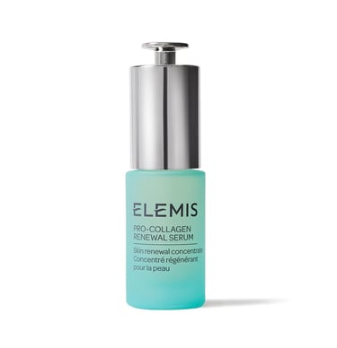 Elemis Pro-Collagen Renewal Serum in a teal bottle with a silver pump dispenser for anti-aging skincare.