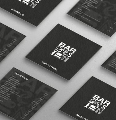 Black and white modern cafe menu cards with minimalist typography and logo design layout.