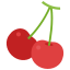 Two ripe red cherries with green stems isolated on a black background.