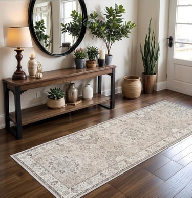 Vintage washable runner rug in a bright kitchen with non-slip design, perfect for hallways, entryways, and laundry rooms