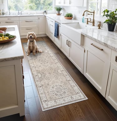 A golden dog sits on a vintage-style washable kitchen runner rug in a white farmhouse kitchen.