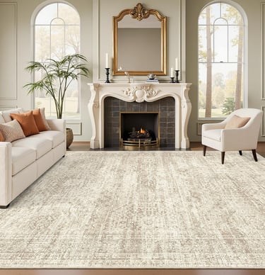 Soalmost washable vintage beige area rug in a cozy neutral living room with fireplace