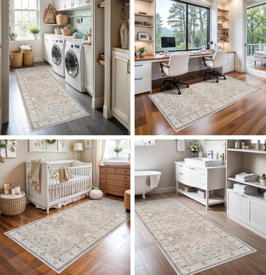 Traditional beige runner rug displayed in a laundry room, home office, nursery, and bathroom.