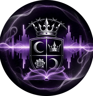 Vaeloria's crest of 2 moons, a crown and rose set in a shield with wings. a crown under barbed wire sit at the top