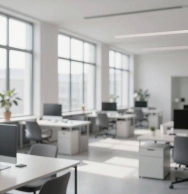 A wide-angle interior view of a modern, sun-drenched office in Bremen with large clean windows. The space is minimalist and perfectly organized, featuring furniture in tones of #4C728C and #F4F8FC. The atmosphere is calm, modern, and highly efficient.