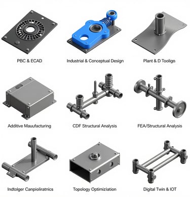 3D parametric CAD industrial design rendering of a metal fan enclosure with mechanical engineering service list.