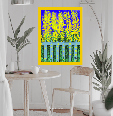 a yellow and blue flower garden with fence