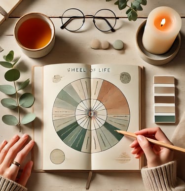 A soft, calming flat lay scene on a pale wooden desk. An open journal shows a hand-drawn “Wheel of Life” with shaded segments