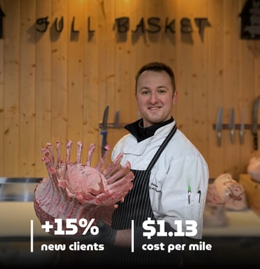 Victor Full Basket Butcher holding a large meat roaster