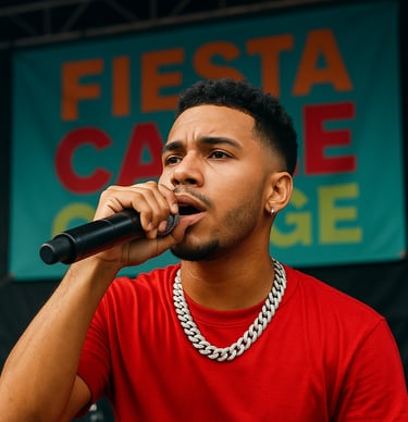 a man in a red shirt is holding a microphone