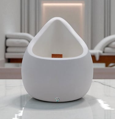 Image shows a candles with a wooden wick in a white container with form of a drop. 