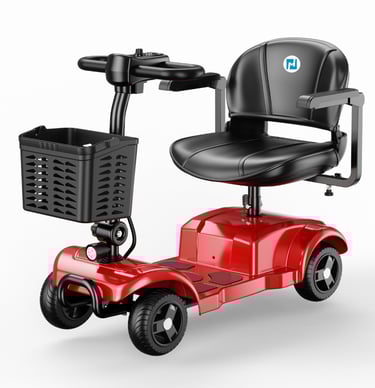 Red four-wheel mobility scooter with basket