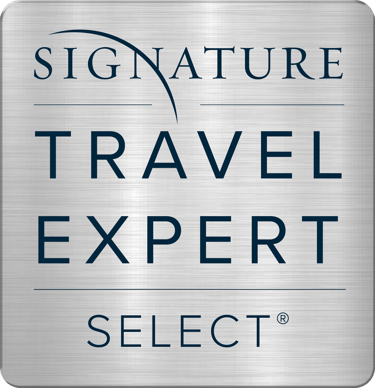 Signature Travel Expert Select logo badge on a brushed metal background for luxury travel advisors.