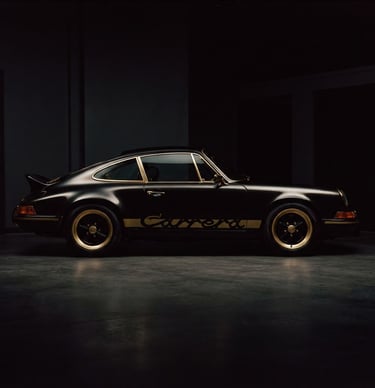 Moody profile shot of a classic black Porsche 911 parked under low-key studio lighting, gold accents reflecting off the metallic paint, deep shadows, premium editorial style.