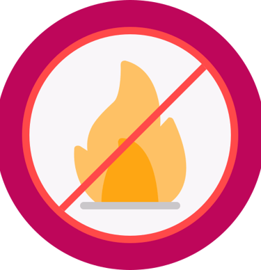 Red circle with a diagonal line over a fire flame representing a no fire or fire prevention sign.
