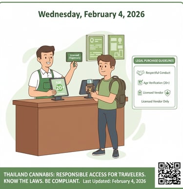 Illustration explaining how foreigners can legally buy cannabis in Thailand, showing ID checks and l