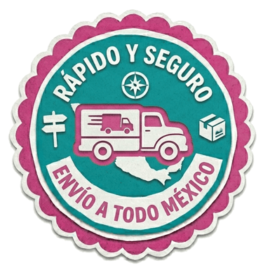 Un distintivo de envío rosa y turquesa para servicios de entrega rápidos y seguros en todo México.