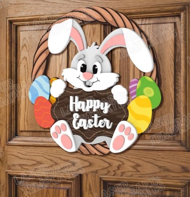 HANDGEFERTIGTER OSTERKRANZ AUS HOLZ – HASENMOTIV GROSS TÜRDEKO BUCHS SG