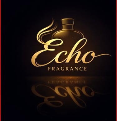 Elegant gold Echo Fragrance logo featuring a luxury perfume bottle and cursive typography on a black background.