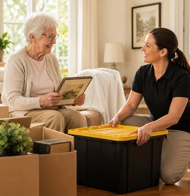 senior elderly woman packing black and yellow totes with assisted living representative