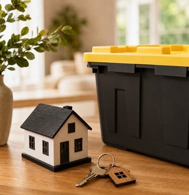 black and yellow tote sitting on a table next to keys to a house