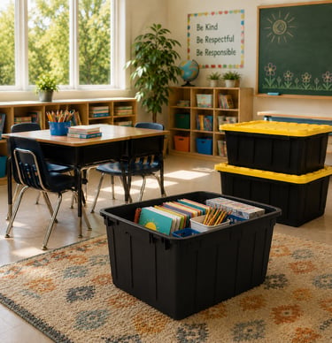 black and yellow totes packed with school supplies in a classroom