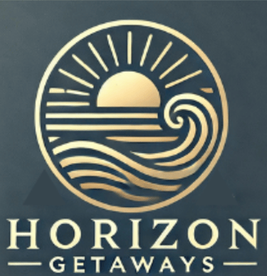 Gold Horizon Getaways logo featuring a circular sun and ocean wave icon on a dark background.