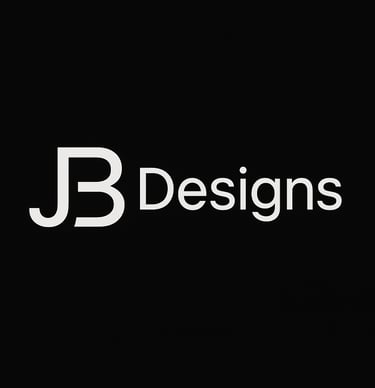 JB Designs minimalist white logo on a black background for professional branding.