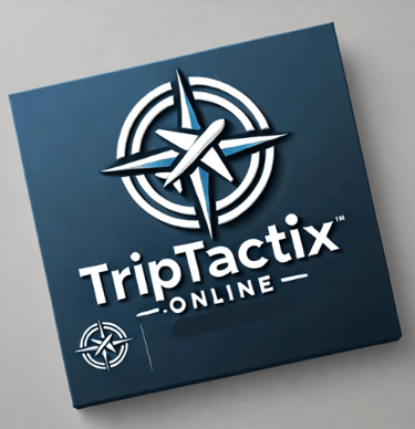 TripTactix Online logo featuring a white compass and airplane icon on a navy blue background.
