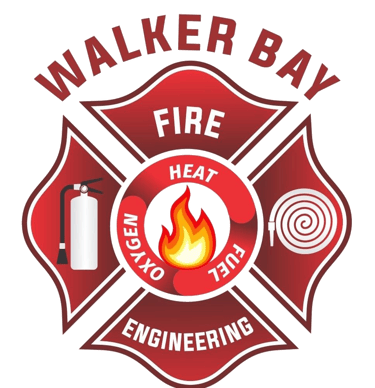 Walker Bay Fire Engineering logo featuring a red Maltese cross, fire tetrahedron, and fire extinguisher icon.
