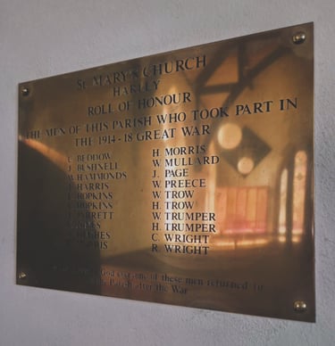 A brass memorial plaque at St Mary's Church, Harley, honoring local men who served in the 1914-18 Great War.
