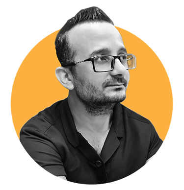 Portrait of Hosam Shokair, a professional Art Director and Graphic Designer, in a circular orange