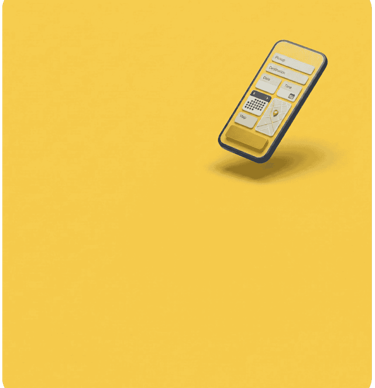 3D mobile app interface for ride booking with calendar and map icons on a yellow background.