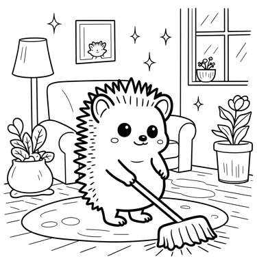 Coloring Page of a hedgehog cleaning the living room floor