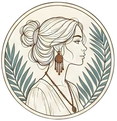 Una ilustración de estilo bohemio que representa a una mujer con un moño, joyas boho chic