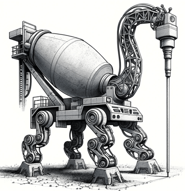 a concrete mixer with a cement mixer in the background